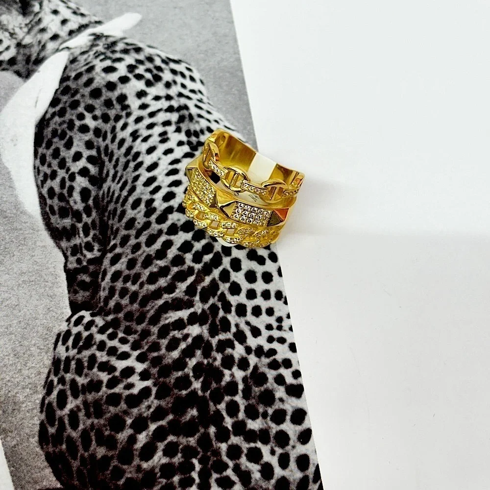 3 Stacked Gold Rodium Chain Link Ring
